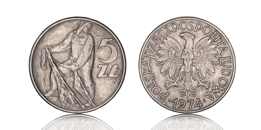 Awers i rewers monety pokazane obok siebie z widocznym godłem, nominałem i rokiem wybicia